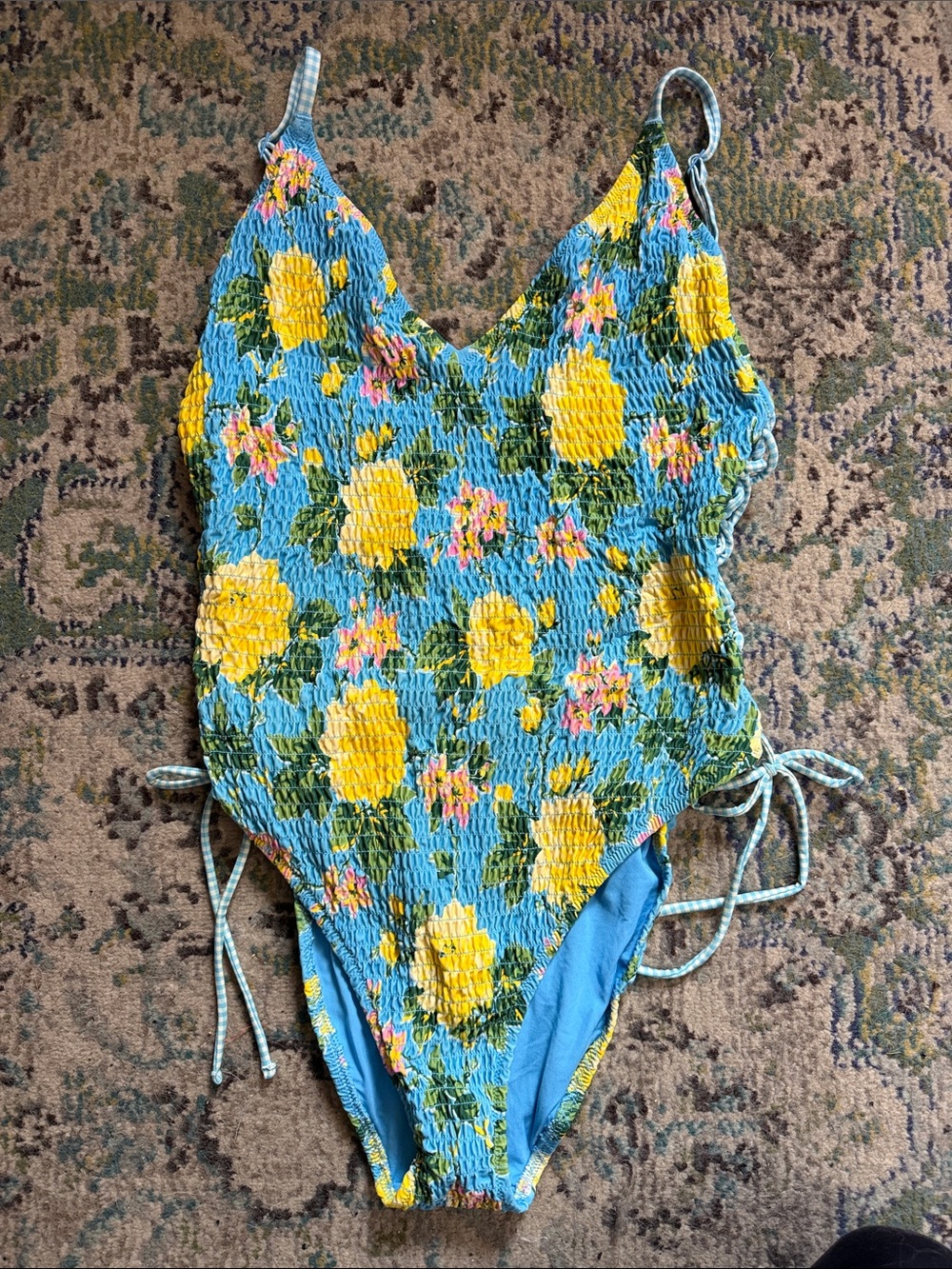 Aerie Blue Floral One-Piece Swimsuit with Yellow Flowers